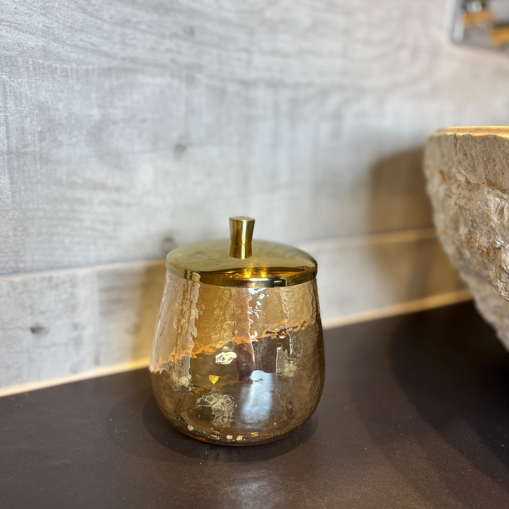 Glass and Gold Bathroom Jar